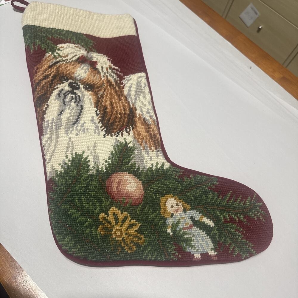 Vintage Shih Tzu Christmas Needlepoint Stocking Wool Completed Kit Handmade Dog